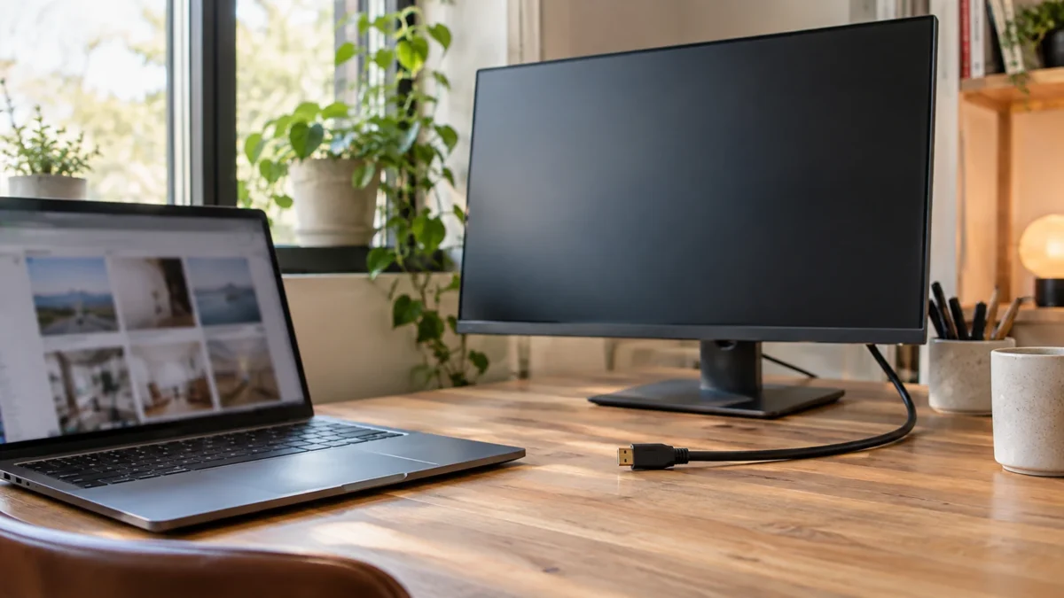 Illustration : Portable et moniteur externe dans un bureau
