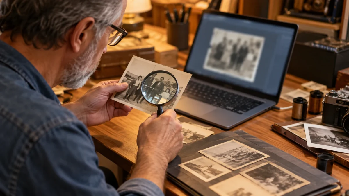 Illustration : Photo ancienne examinée près d’un ordinateur