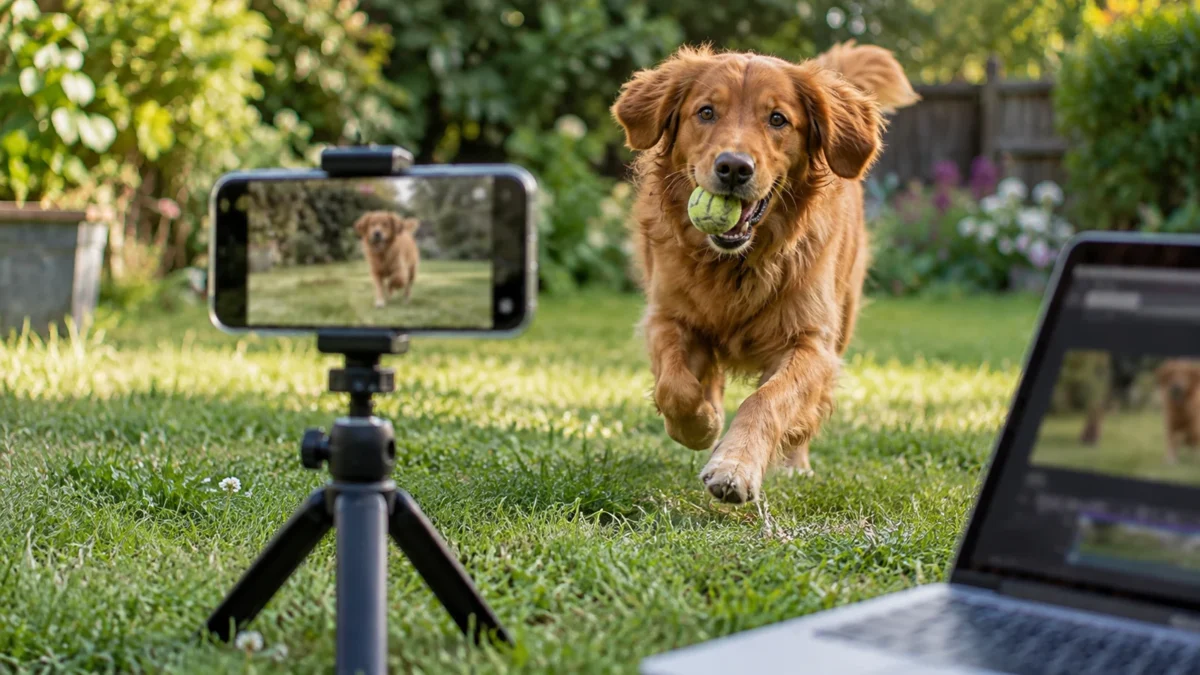 Illustration : Téléphone filmant un chien dans un jardin